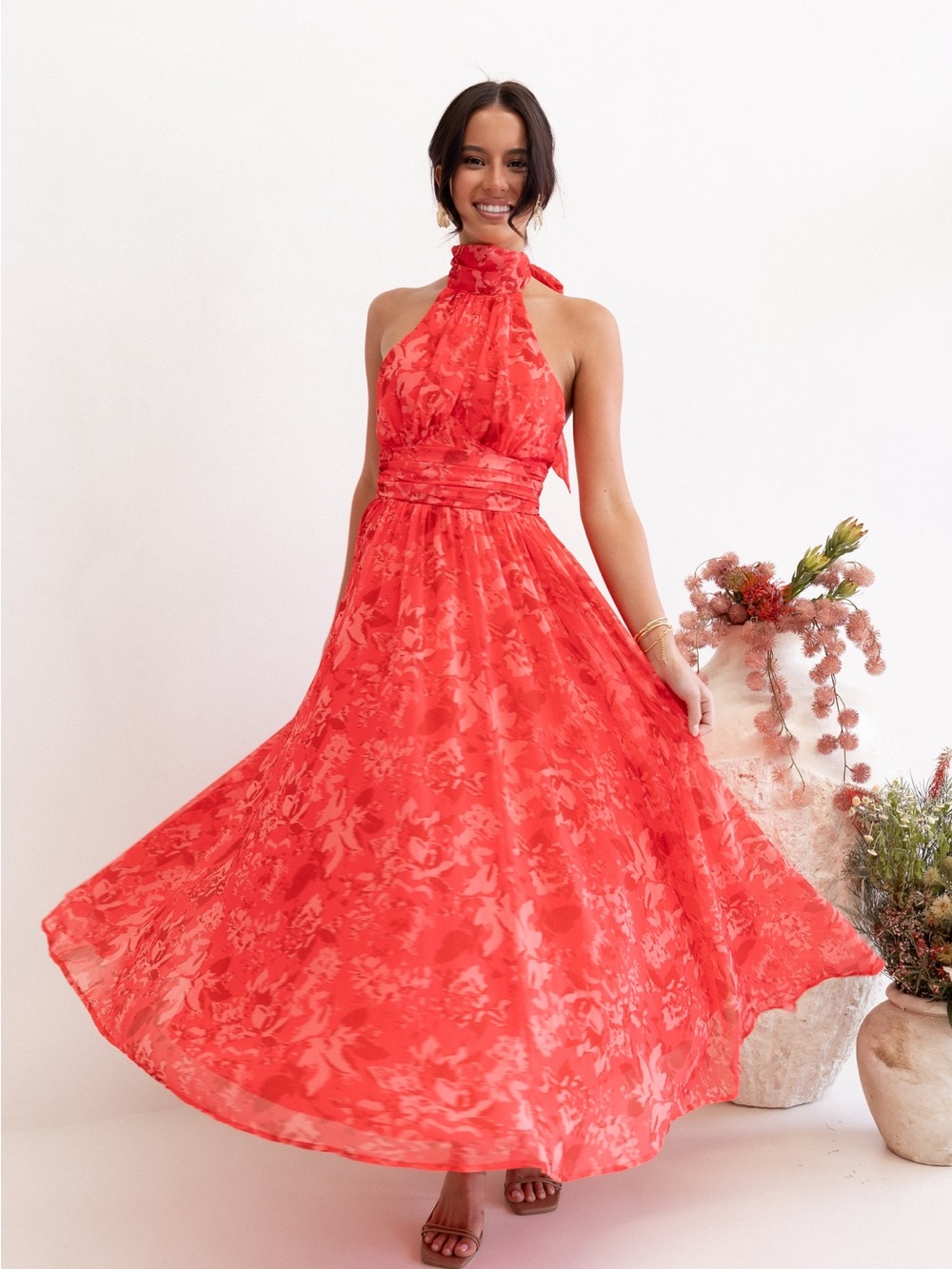Petal & Pup Red Halter Midi Dress